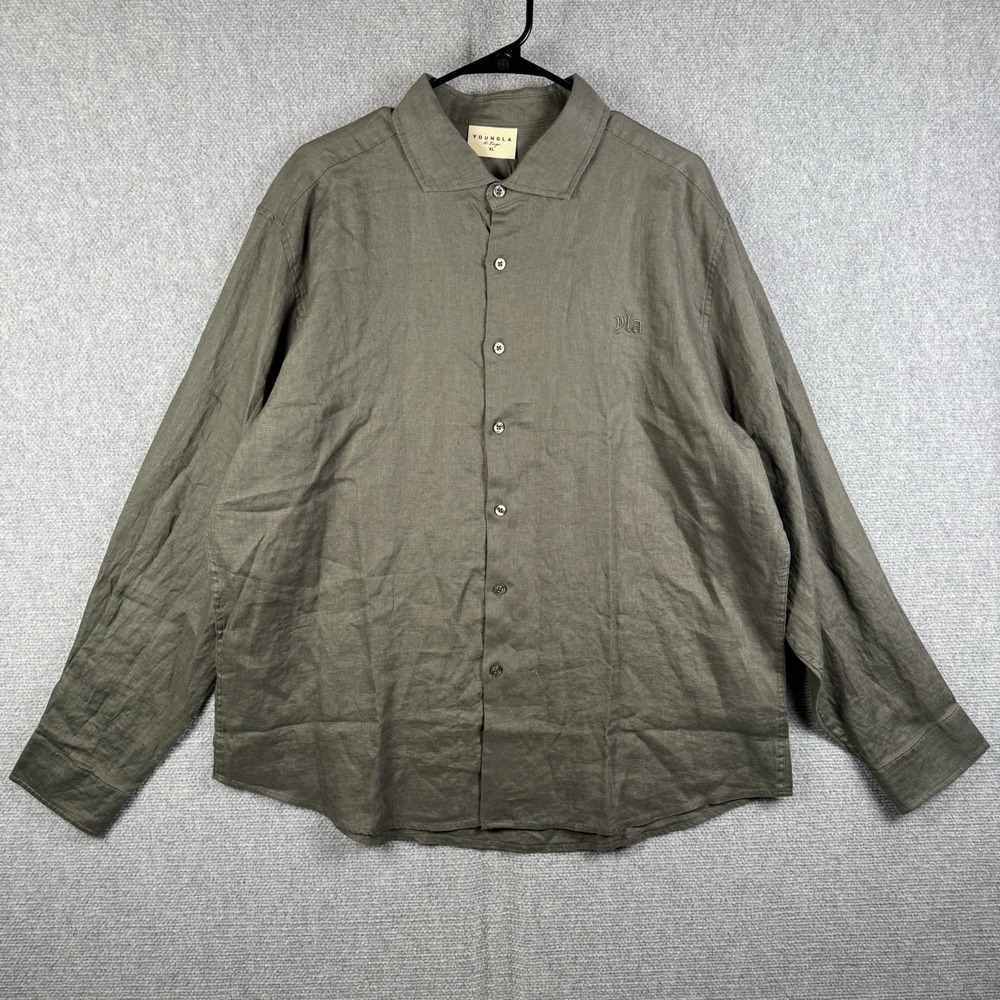 Young LA Shirt Men's Size XL Olive Green Long Sleeve 100% Linen NWT Model #825